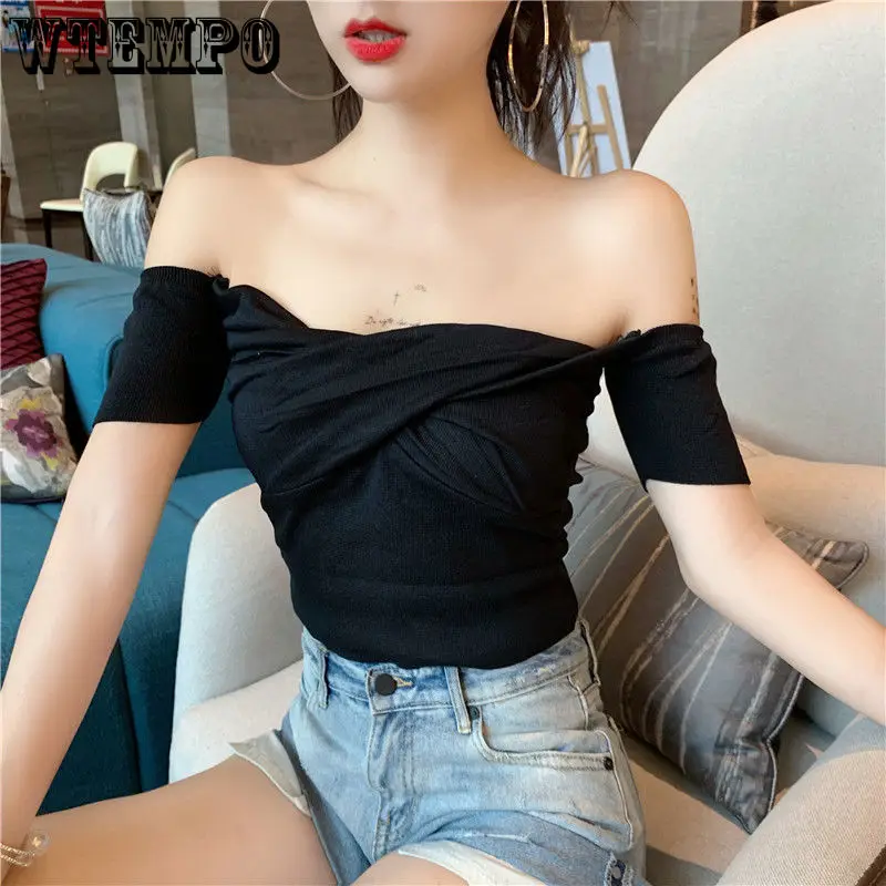 Sexy Solid Shirt One-word Collar Tank Top Women Short Navel Short-sleeved Sweater Off-the-shoulder All-match Streewear Crop Tops
Sexy Solid Shirt One-word Collar Tank Top Women Short Navel Short-sleeved Sweater Off-the-shoulder All-match Streewear Crop Tops