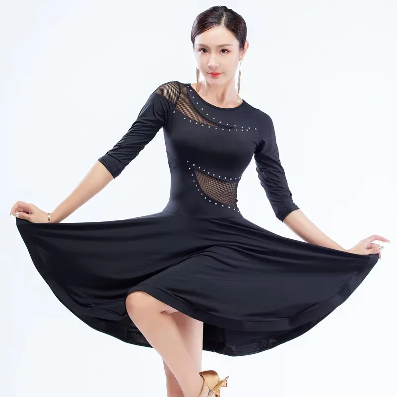 

Женское платье из газовой ткани для латиноамериканских танцев, пикантное односекционное платье с рукавом до локтя для Бальных костюмов, танго, ча-румбы, юбка для современных танцев