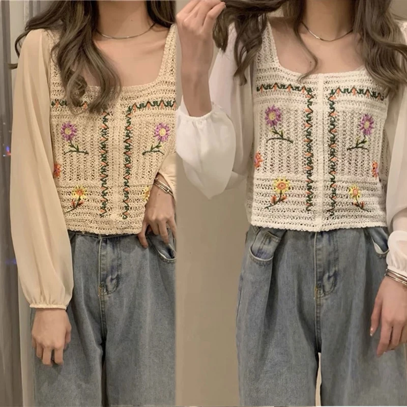 Women Chiffon Puff Sleeve Shirt Square Neck Floral Embroidery Crochet Knit Top 
Women Chiffon Puff Sleeve Shirt Square Neck Floral Embroidery Crochet Knit Top