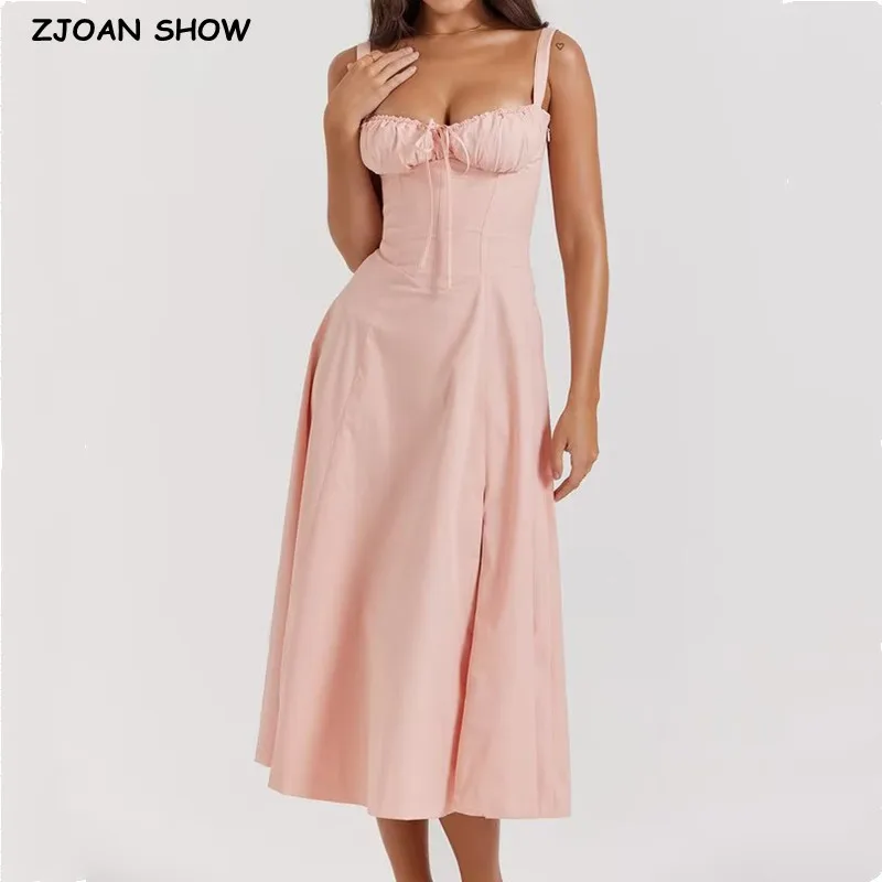 

2023 Sexy Pink Cross Lacing up Bandage Back Sling Dress Women Corset Style Bow Ruched Low Chest Hem Slit Swing Midi Long Robe