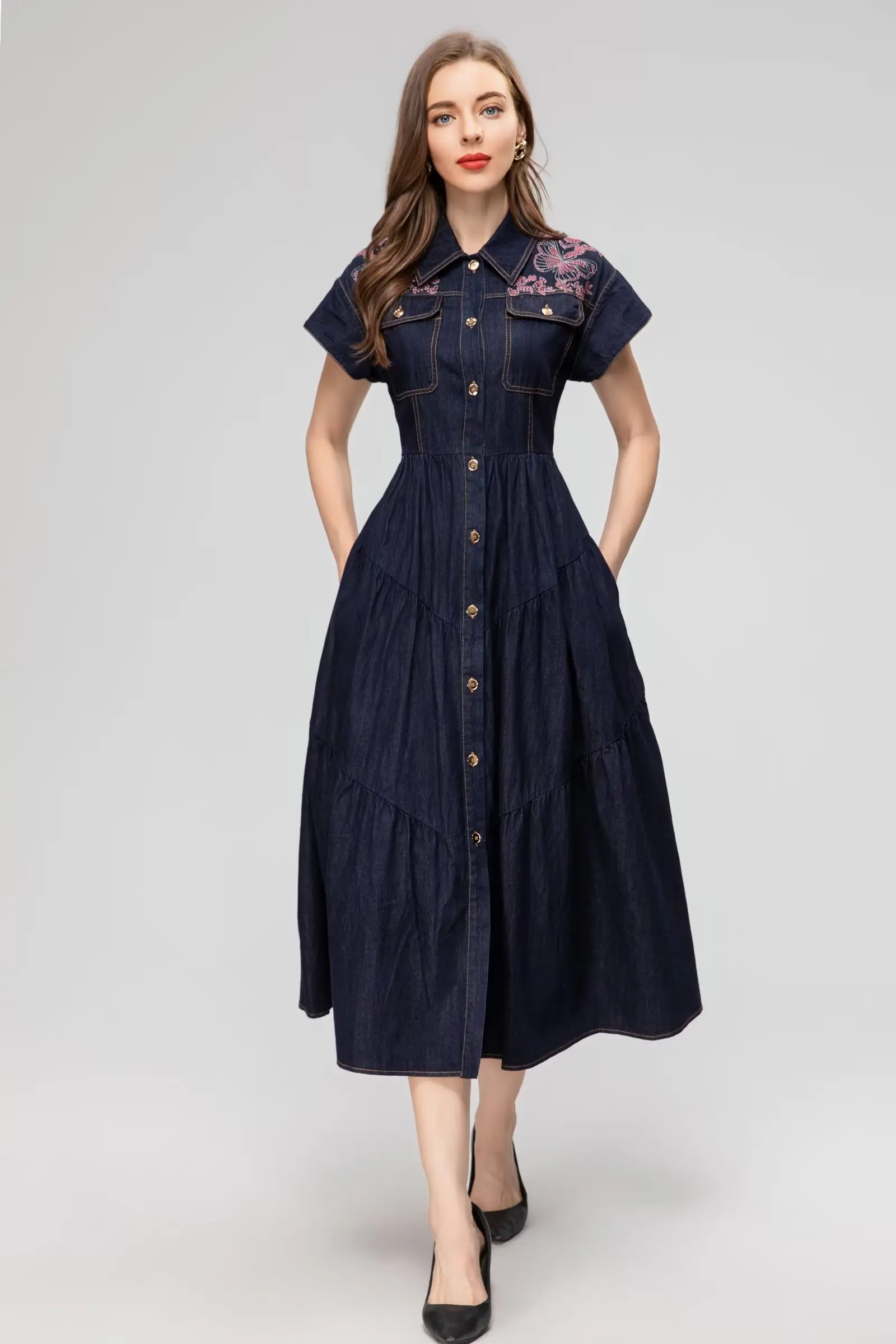 Fashion Casual Short-Sleeved Single-Breasted Lapel Cardigan 2023 Autumn Cowgirl Embroidered Waist Dress
Fashion Casual Short-Sleeved Single-Breasted Lapel Cardigan 2023 Autumn Cowgirl Embroidered Waist Dress