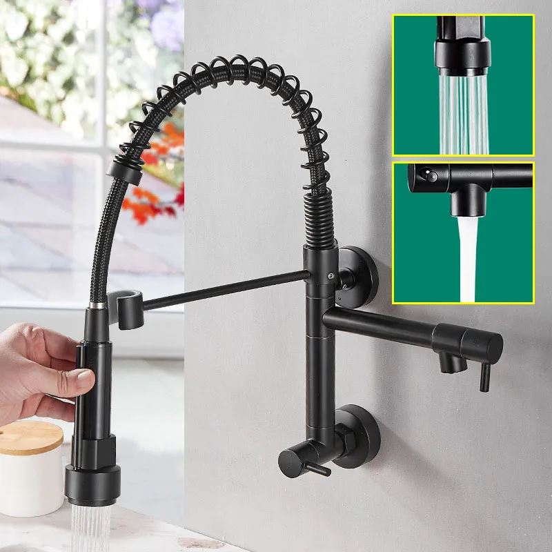 

Pull Out Spout Kitchen Faucet Rotatable Metope Spring Wall Faucets Brass Mixer Taps Stream Sprayer Head Hot Cold Water
