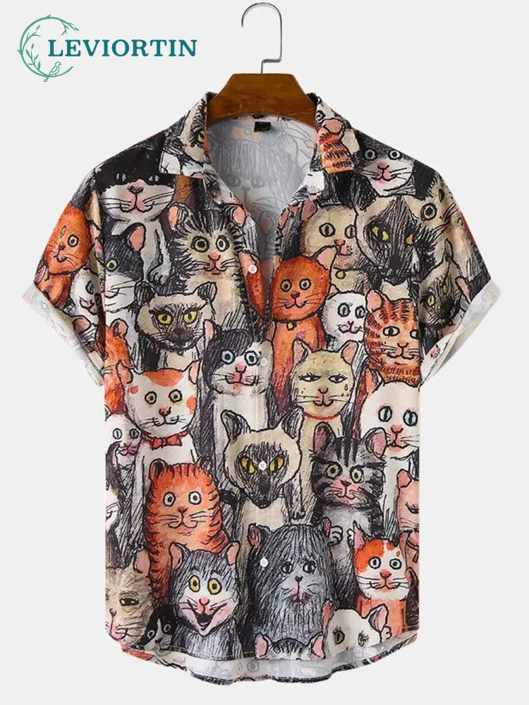 

Hawaiian Shirts Mens Halloween Allover Funny Cat Print Casual Short Sleeve Shirts Men Beach Blouse Tops Chemise Homme Unisex