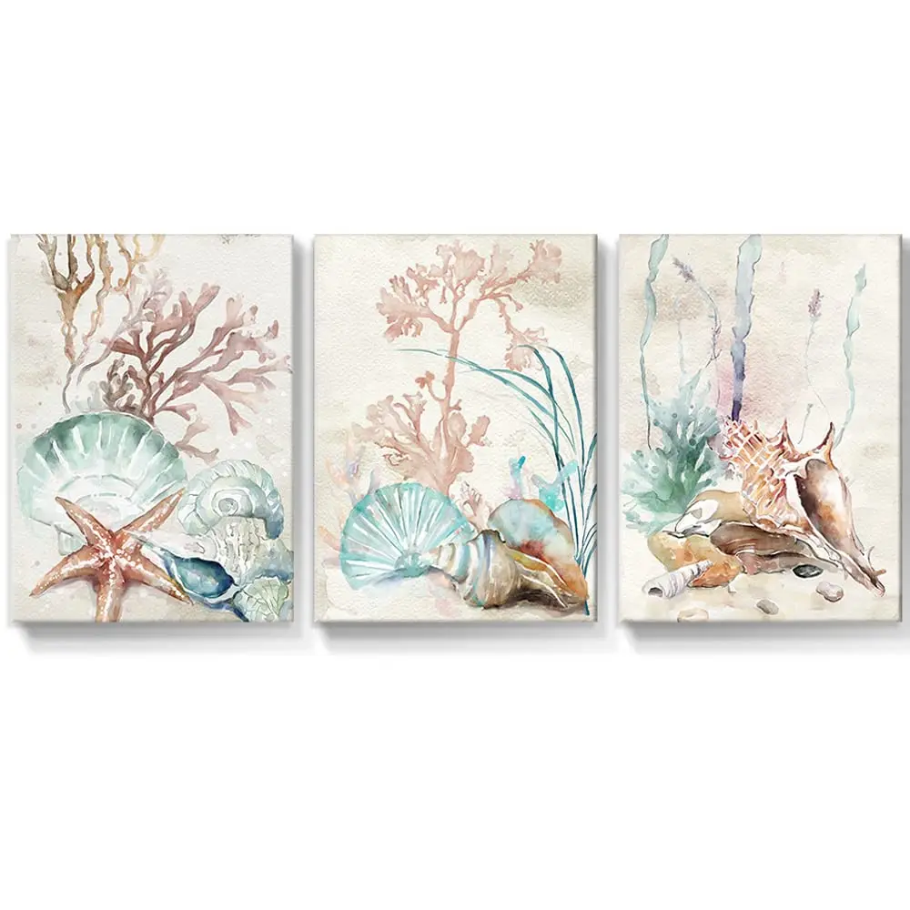 

Framed Canvas Paintings Coastal Shell Starfish Coral Conch Picture Watercolor Home Decor Prints Modern Artwork for Bathroom K