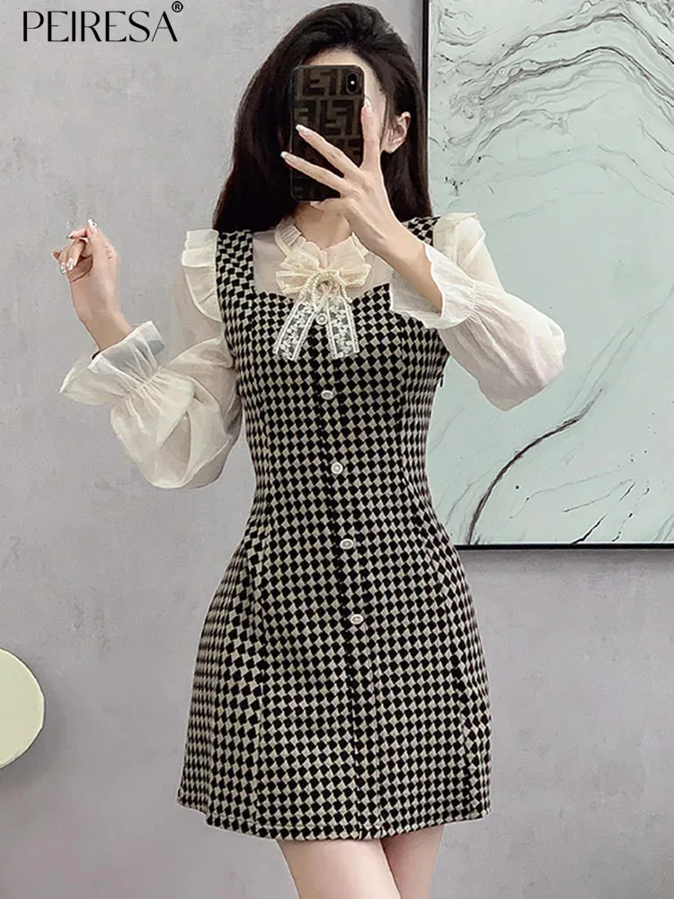 PEIRESA Mesh Patchwork Houndstooth Plaid Short Dresses For Women Autumn New Beading Bow Ruffles Stand Collar Office Mini Dress
PEIRESA Mesh Patchwork Houndstooth Plaid Short Dresses For Women Autumn New Beading Bow Ruffles Stand Collar Office Mini Dress