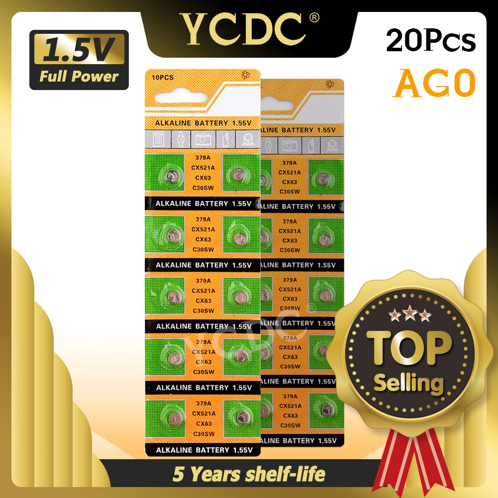 

YCDC 20Pcs 1.5V AG0 LR69 LR521 379A Button Coin Cell Batteries SR521SW D379 V379 SR63 Alkaline Battery For Watch Toys Remote