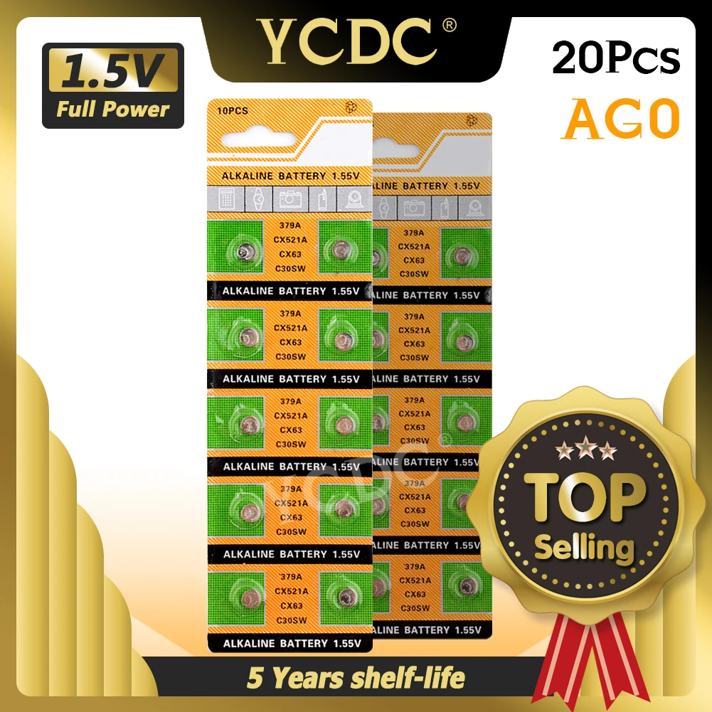 YCDC 20Pcs 1.5V AG0 LR69 LR521 379A Button Coin Cell Batteries SR521SW D379 V379 SR63 Alkaline Battery For Watch Toys Remote 
YCDC 20Pcs 1.5V AG0 LR69 LR521 379A Button Coin Cell Batteries SR521SW D379 V379 SR63 Alkaline Battery For Watch Toys Remote