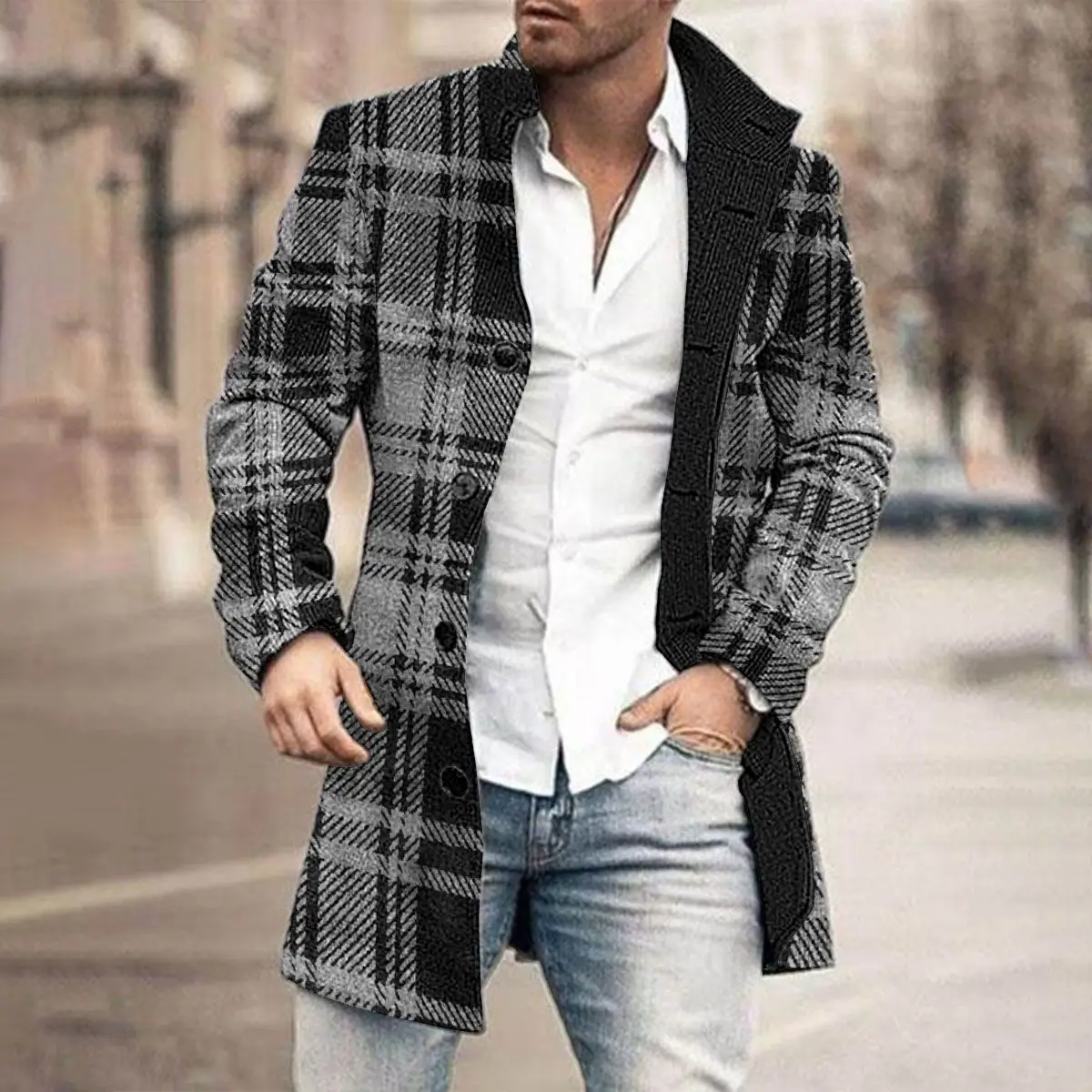 

Grid Digital Printed Men's Coat Daily Wear Vacation With Pockets Front Button-Down Streetwear Sport Turndown Loose Windbreaker