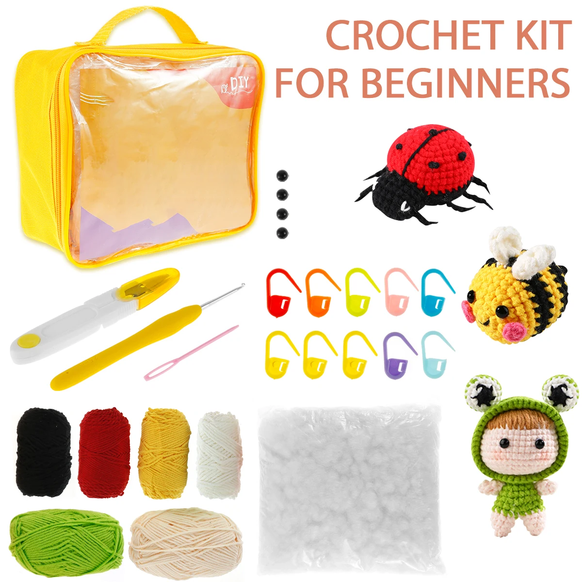 

3Pcs Crochet Kit for Beginners Complete Crochet Knitting Adorable Doll Bee Ladybug Crochet Starter Pack DIY Crochet Craft Kit