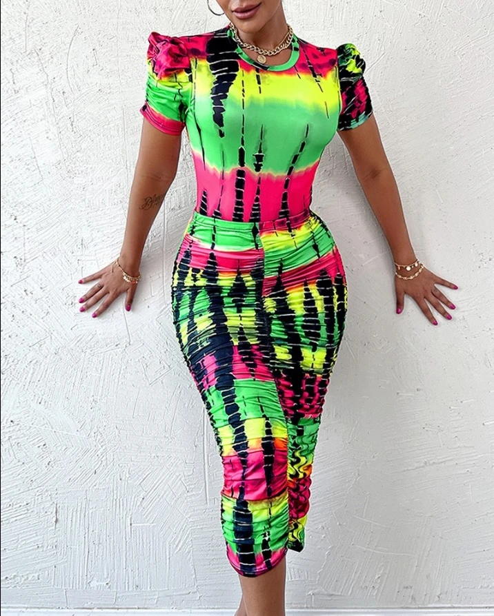 Two Piece Sets Womens Outifits Casual Vacation Daily Tie Dye Print Puff Sleeve O-neck Top & Ruched Skinny Mid-Calf Skirt Set
Two Piece Sets Womens Outifits Casual Vacation Daily Tie Dye Print Puff Sleeve O-neck Top & Ruched Skinny Mid-Calf Skirt Set