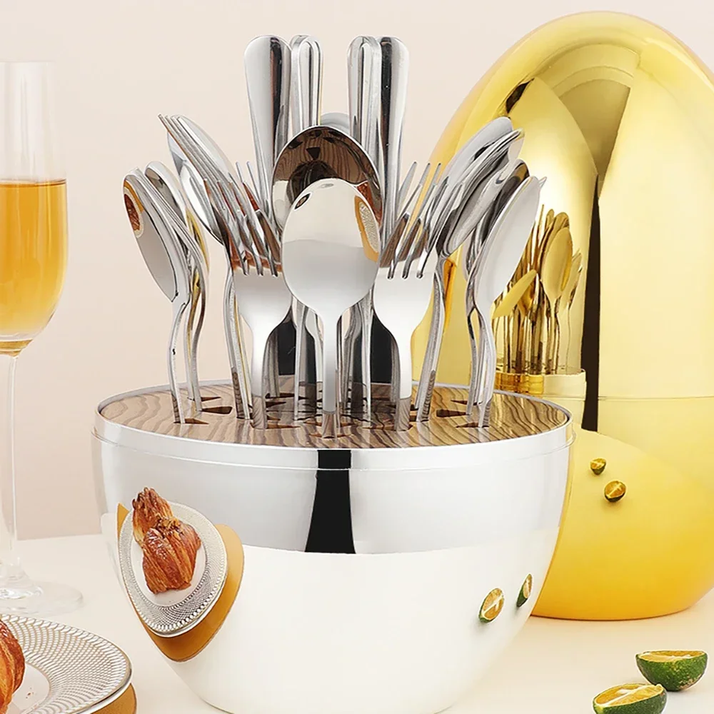 Mood Egg 24 Piece Stainless Steel Tableware Set Western Tableware Knife, Fork, Spoon, Silver Egg, Gold Egg Gift Box Set
Mood Egg 24 Piece Stainless Steel Tableware Set Western Tableware Knife, Fork, Spoon, Silver Egg, Gold Egg Gift Box Set