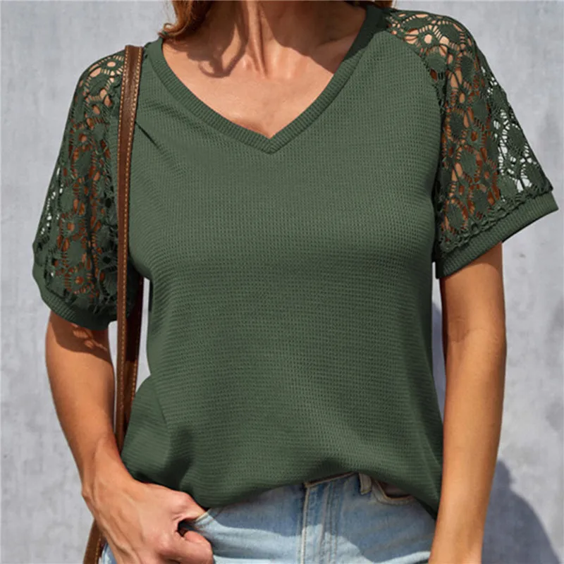 Summer T Shirt Female Casual Females V-neck Tshirt Short Sleeve Lace Patchwoek T-shirt Ladies Clothings
Summer T Shirt Female Casual Females V-neck Tshirt Short Sleeve Lace Patchwoek T-shirt Ladies Clothings
