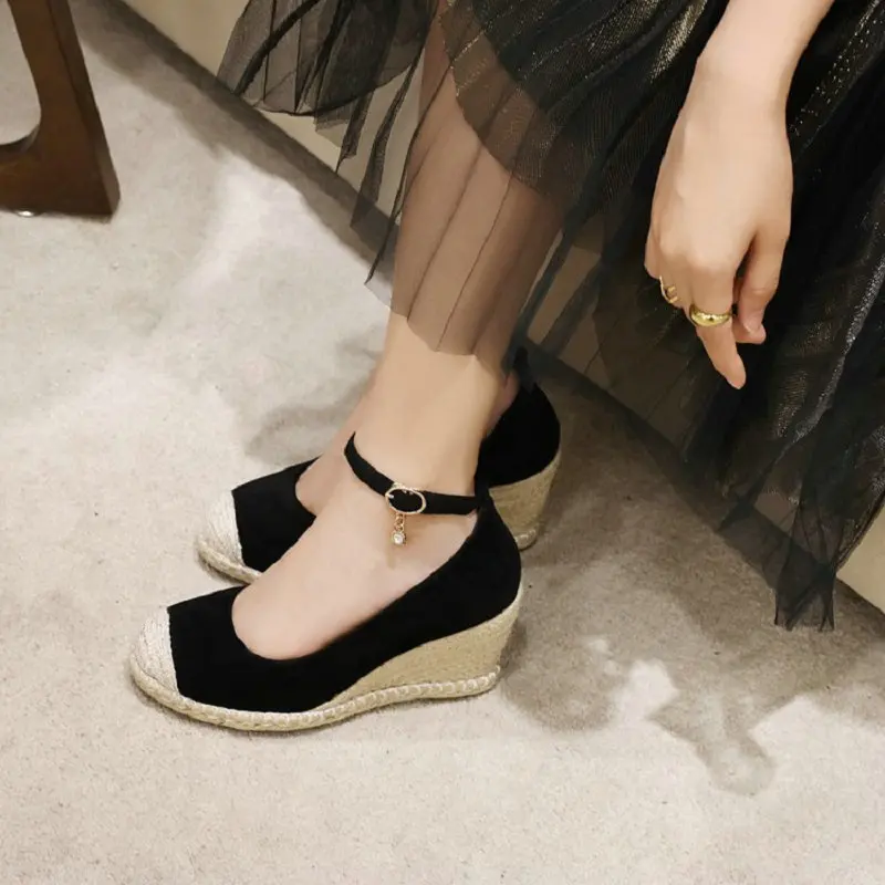 

QPLYXCO 2021 Flock Faux Suede Green Black Patchwork Mary Janes Ankle Buckle Strap Espadrilles Wedges High Heels Pumps Lady