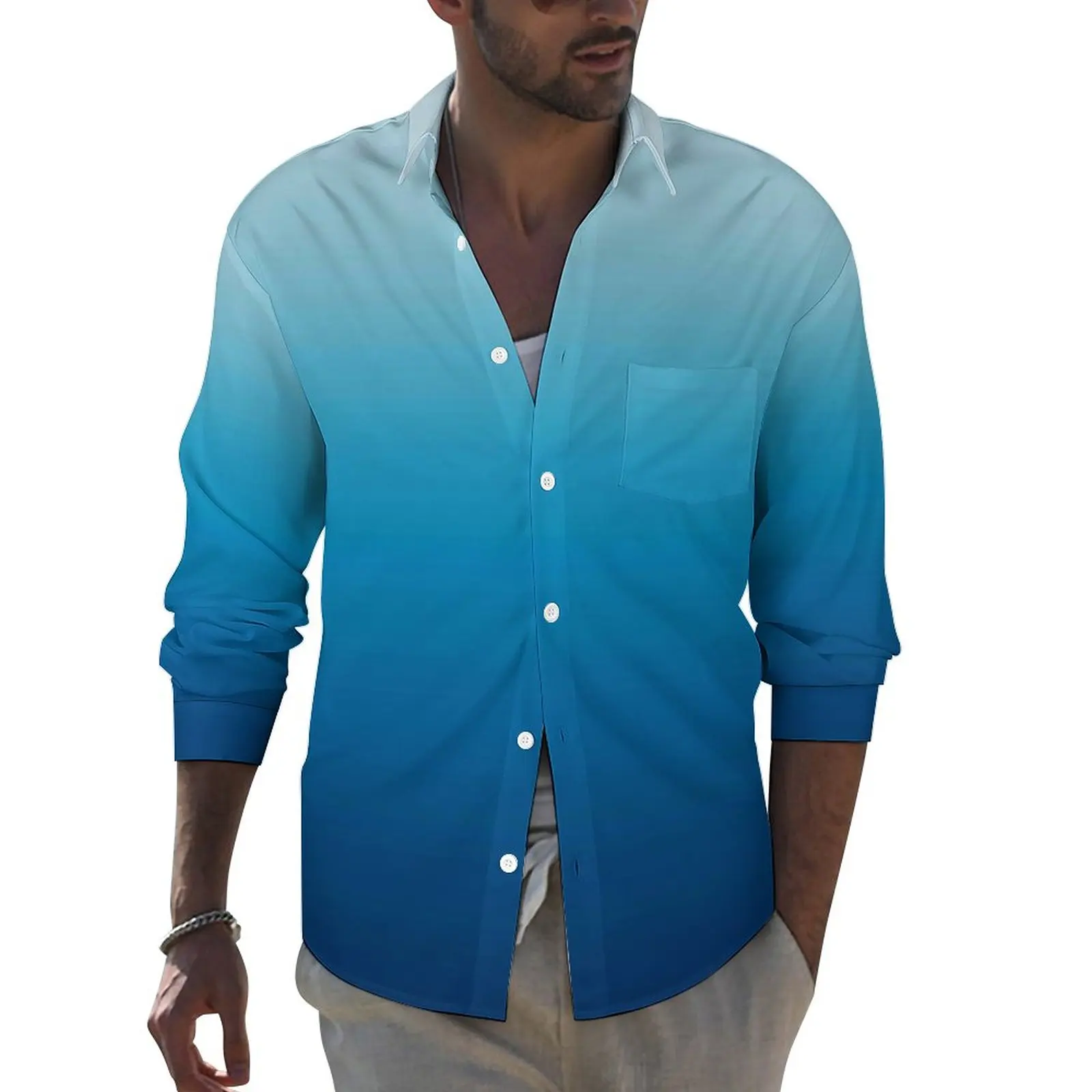 

Sea Ombre Y2K Casual Shirt Mens Light Sky to Deep Blue Shirt Autumn Fashion Blouses Long Sleeve Graphic Oversized Clothing
