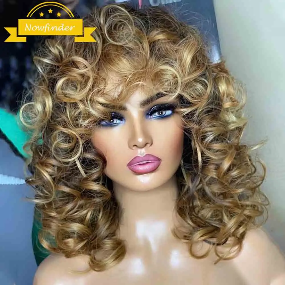 

Ombre Blonde Short Curly With Bangs Human Hair Wigs Brazilian Highlight Brown Curly Bob Full Machine Wig With Bangs For Women