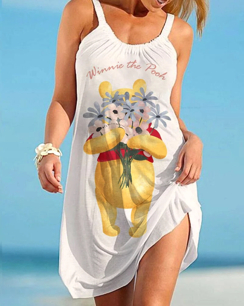 

Элегантные женские платья, летняя одежда, женские платья в стиле бохо с принтом, на бретельках, Винни-Пух, сексуальный пляж Диснея