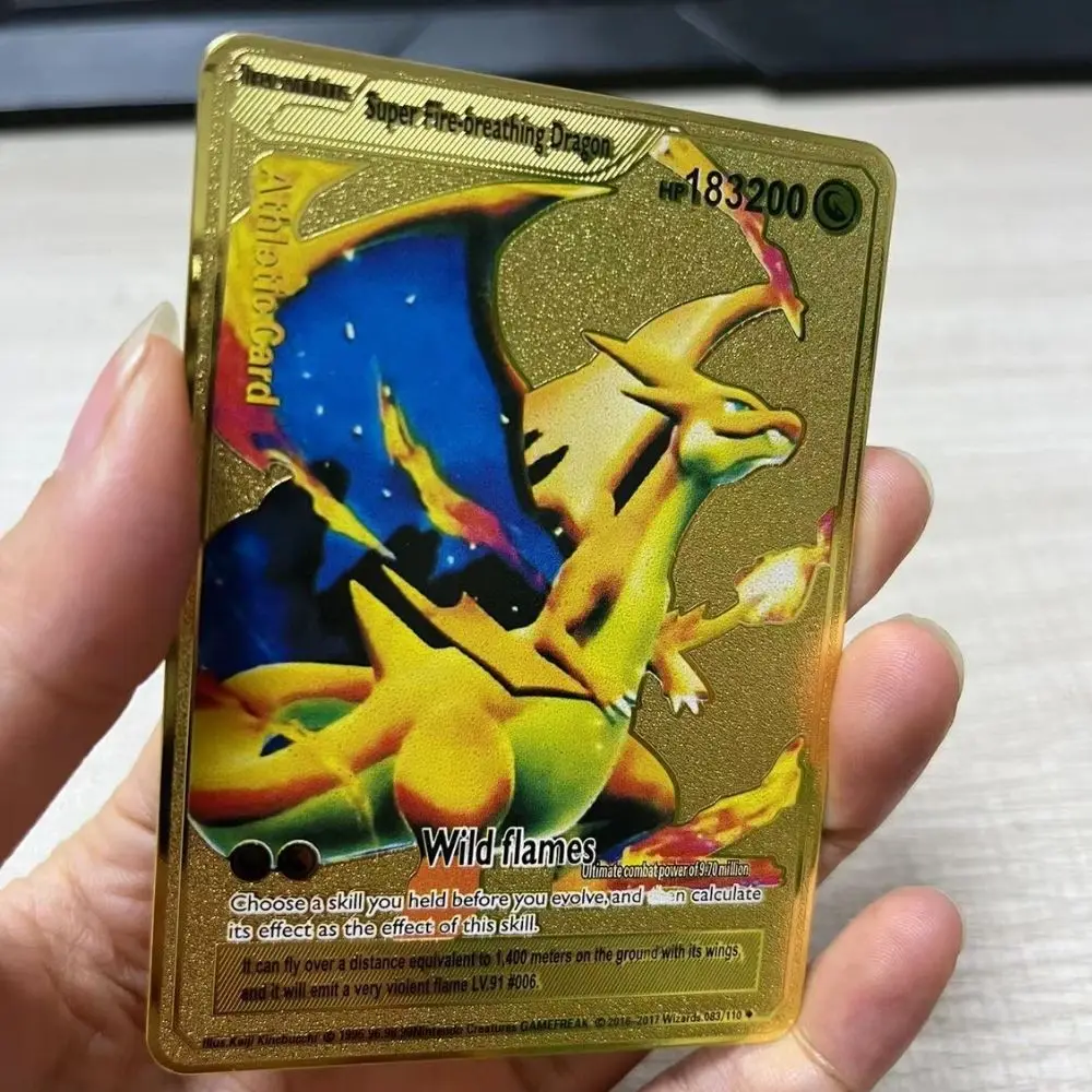 

183200HP Charizard Pokemon Metal Gold Cards Mewtwo EX GX Pikachu Rare Playing Iron Letters Vmax Solgaleo Collection Super Card