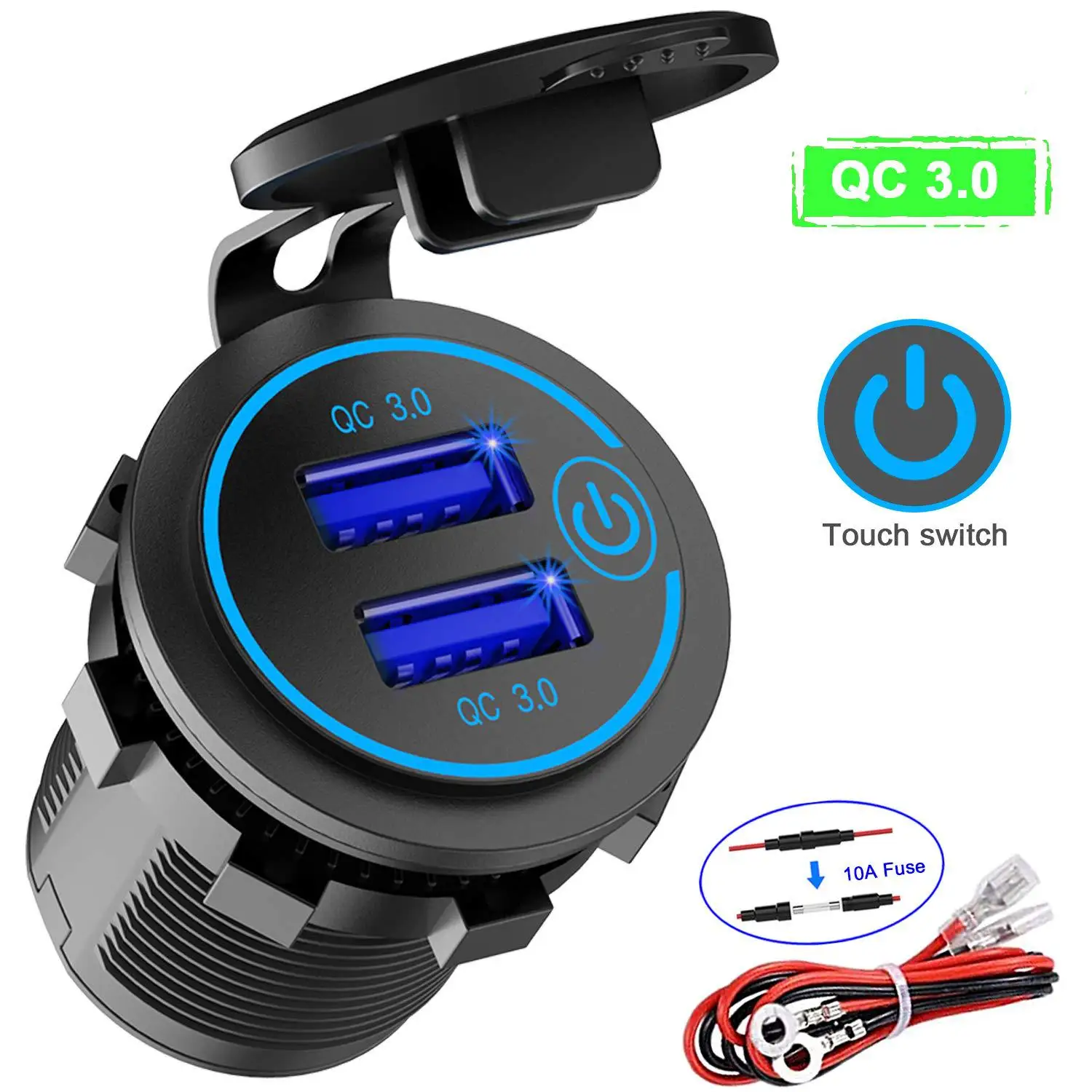 

36W QC 3.0 Touch Switch Waterproof Universal Motorcycle Car Truck Boat Dual USB Charger Socket For Phone Tablet Camera GPS DVR