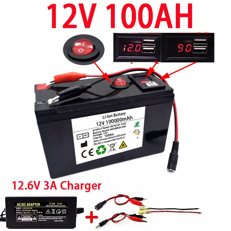 Portable LiFePO4 Rechargeable Lithium Battery 12V 100Ah Built-in 5V 2.1A USB Android Apple Charging Port with 12.6V 3A Charger
Portable LiFePO4 Rechargeable Lithium Battery 12V 100Ah Built-in 5V 2.1A USB Android Apple Charging Port with 12.6V 3A Charger
