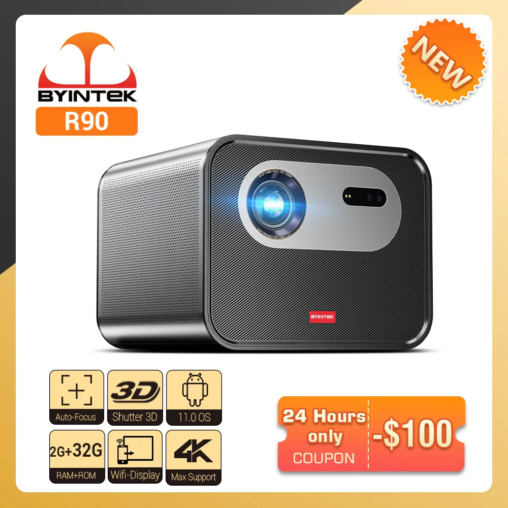 

BYINTEK R90 Rock Full HD 1080P DLP Projector 2200 ANSI Lumens Android TV 11.0 3D 4K Supported Smart Home Theater Projector