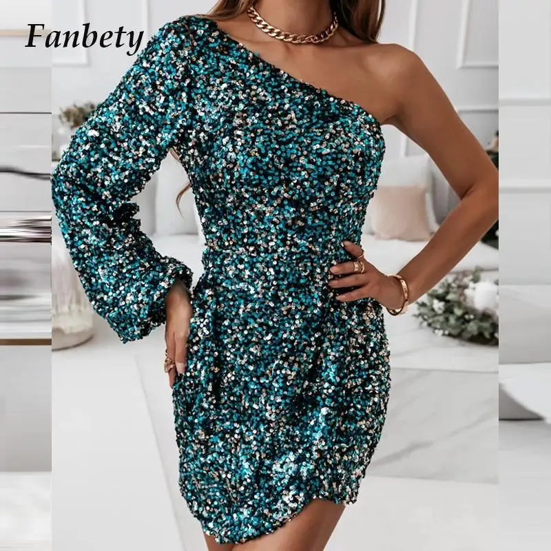 High Waist Women Elegant Dress Fashion Slim Sexy Party Mini Dress Sequins Glitter Women One Shoulder Slash Neck Dresses Vestidos
High Waist Women Elegant Dress Fashion Slim Sexy Party Mini Dress Sequins Glitter Women One Shoulder Slash Neck Dresses Vestidos