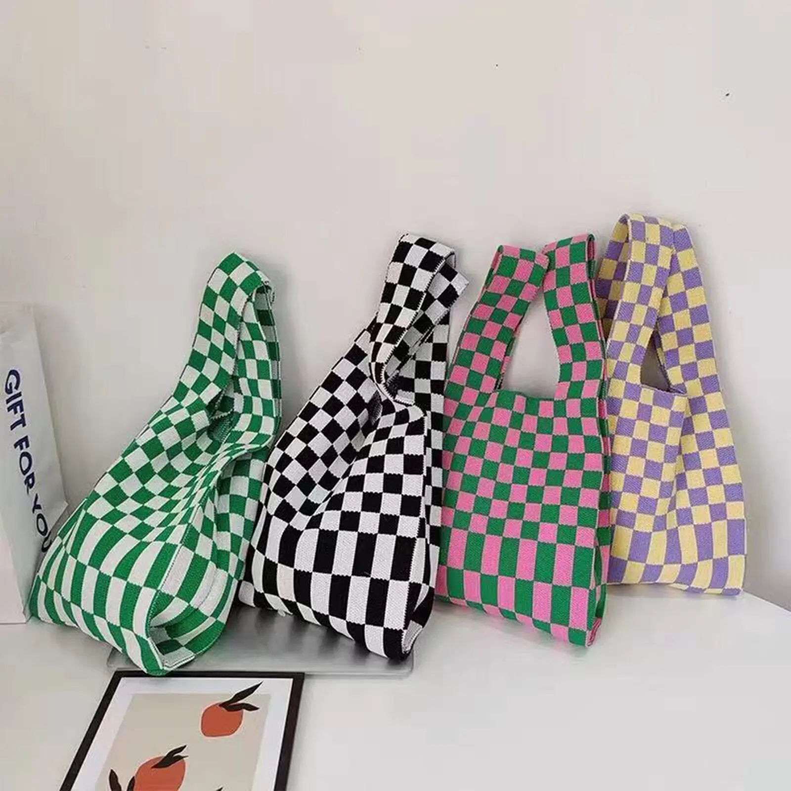 

Fashion Women Knitting Checkered Tote Shoulder Bags Retro Weave Plaid Handbags Contrast Striped Checkerboard Knitted Shopping