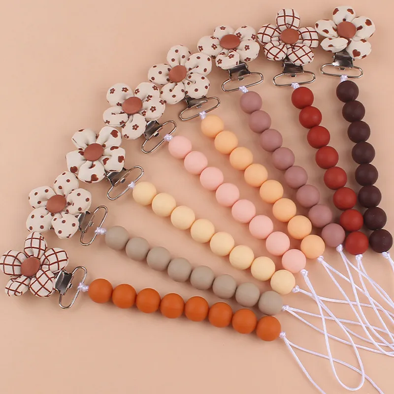 

Cute Flower Soft Silicone Beads Newborn Pacifiers Holder Baby Pacifier Clips Teether Chain Dummy Nipple Clips Pacifiers Leashes