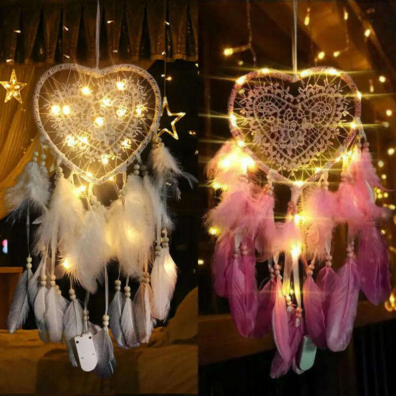 

Fancy Dream Catcher With LED String Hollow Hoop Heart Shape Pendant Feathers Handmade Night Light Wall Hanging Home Decor Gift