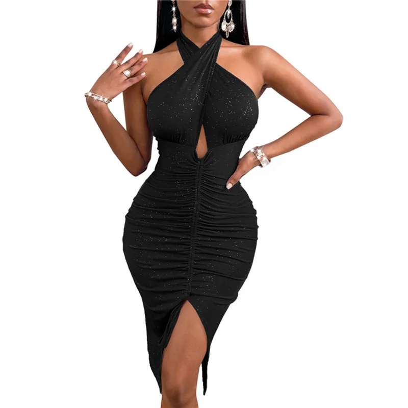 Women Elegant Bodycon Dress Summer Cross Halter Hollow Glitter Ruched Drawstring Midi Dress Ladies Backless Split Party Outfits
Women Elegant Bodycon Dress Summer Cross Halter Hollow Glitter Ruched Drawstring Midi Dress Ladies Backless Split Party Outfits