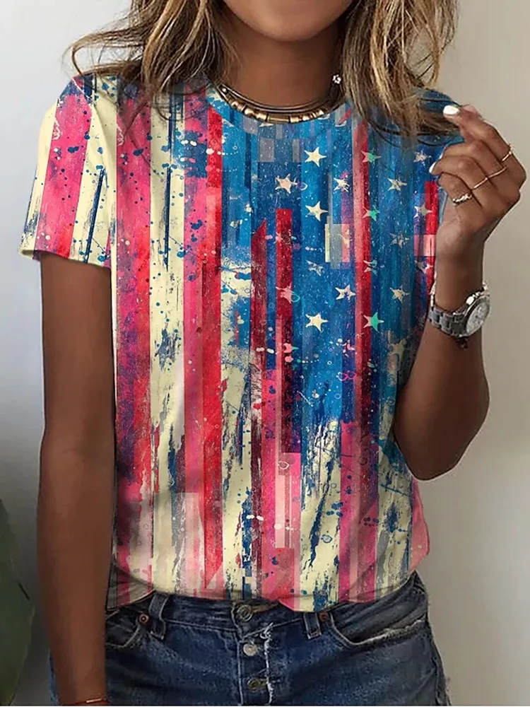 Women's graphic print T-shirt US flag stripes 3D round neck 2022 summer fashion New
Women's graphic print T-shirt US flag stripes 3D round neck 2022 summer fashion New