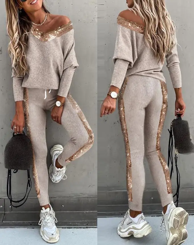 Tow Piceses Outfits for Women 2023 Casual Sequins Long Sleeve Round Neck Top & High Waist OTTD Sporty Skinny Pants Set
Tow Piceses Outfits for Women 2023 Casual Sequins Long Sleeve Round Neck Top & High Waist OTTD Sporty Skinny Pants Set
