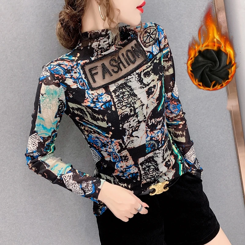 Fall Winter Korean Style T-Shirt Chic Sexy Mesh Patchwork Diamonds Letter Print Women's Tops With Fleece Long Sleeve Tees 1211
Fall Winter Korean Style T-Shirt Chic Sexy Mesh Patchwork Diamonds Letter Print Women's Tops With Fleece Long Sleeve Tees 1211