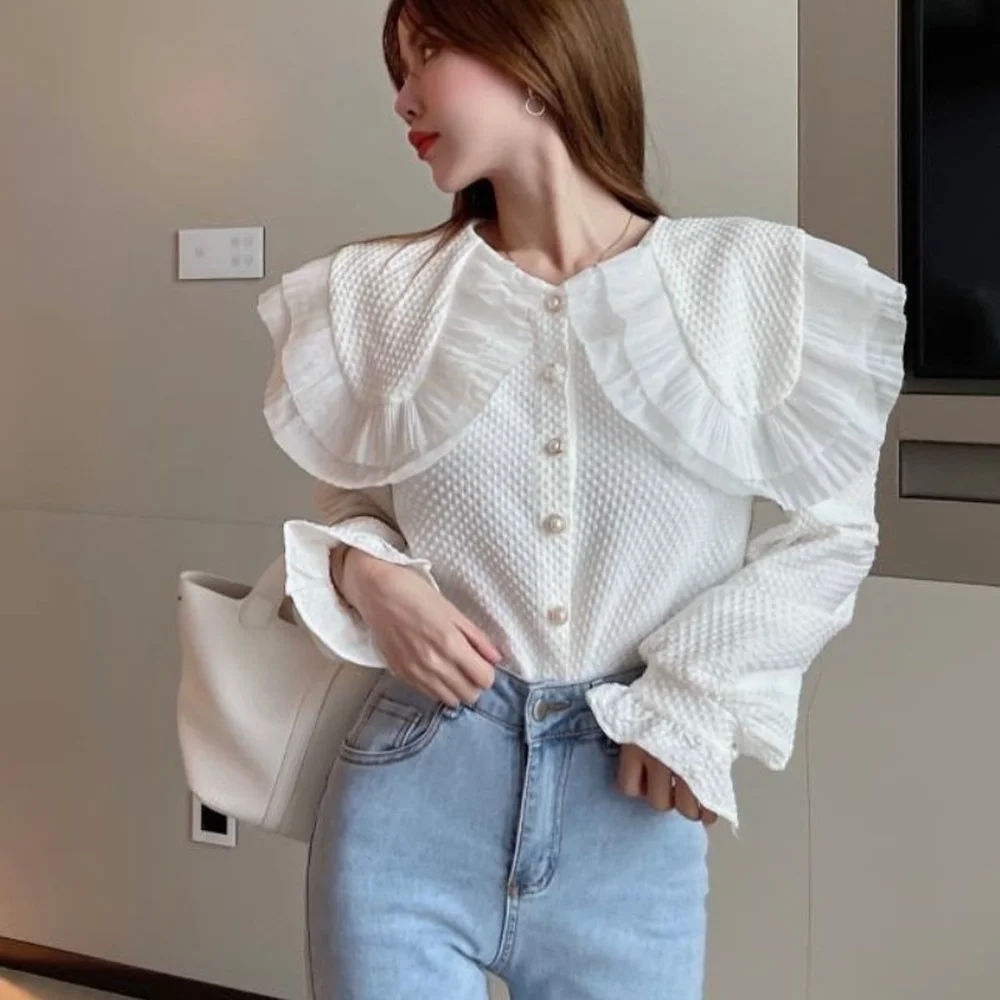 Big Peter Pan Collar Ruffle Womens Blouse Long Sleeve Green Chiffon Casual Tops Female Spring Autumn Shirt 2022 New
Big Peter Pan Collar Ruffle Womens Blouse Long Sleeve Green Chiffon Casual Tops Female Spring Autumn Shirt 2022 New