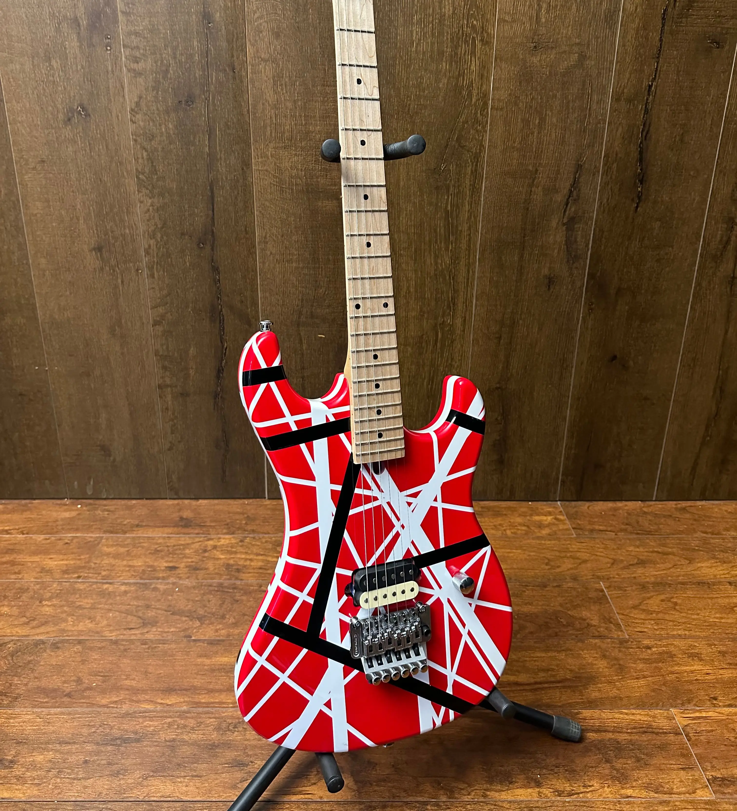 

Upgraded Edward Van Halen 5150 White Stripe Red Electric Guitar Floyd Rose Tremolo Bridge, Locking Nut, Maple Neck & Fingerboard