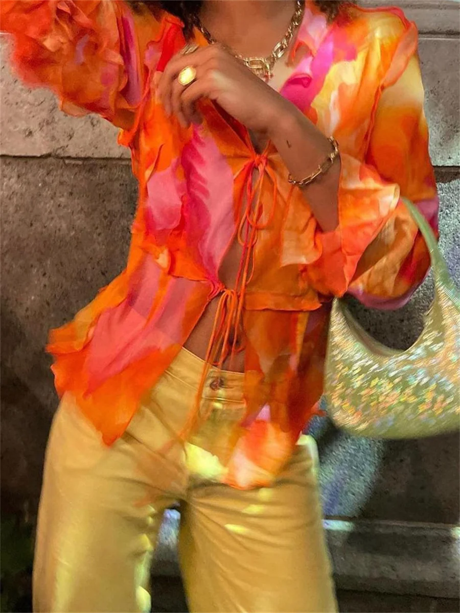 Tie-Dye Print Ruffle Trim Tie-Up Cardigans Women Long Sleeve Shirts Spring Summer V-Neck Swimsuit Cover-Up Tops 
Tie-Dye Print Ruffle Trim Tie-Up Cardigans Women Long Sleeve Shirts Spring Summer V-Neck Swimsuit Cover-Up Tops