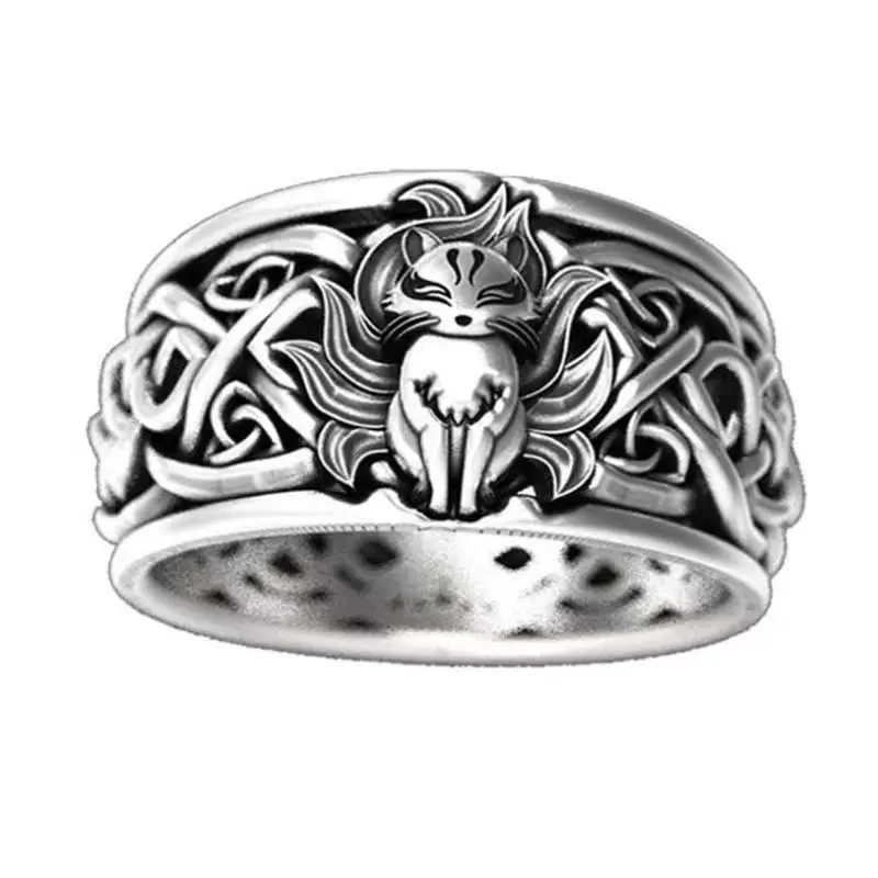 

Nine Tailed Fox Viking Nordic Mythology Giant Wolf Men Ring Defense Totem Wolf Fashion Hip Hop Rock Unisex Finger Ring Punk Gift