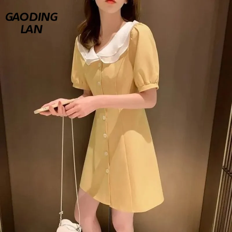Summer Korean Peter Pan Collar Women Short Sleeve Dress Solid Color Middle Button High Waist Dresses Female A Line Mini Dress
Summer Korean Peter Pan Collar Women Short Sleeve Dress Solid Color Middle Button High Waist Dresses Female A Line Mini Dress