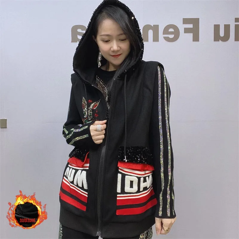 Oversized Cartoon Diamonds Waistcoat Women Winter Velvet Vests Loose Sequins Hooded Sleeveless Outfit Жилеты Женские Модные
Oversized Cartoon Diamonds Waistcoat Women Winter Velvet Vests Loose Sequins Hooded Sleeveless Outfit Жилеты Женские Модные