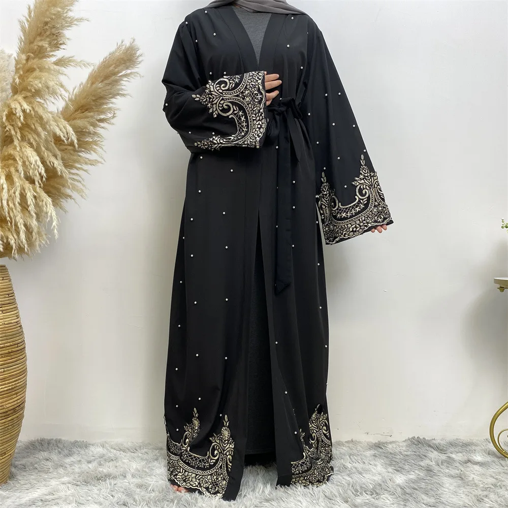 

Eid Mubarak Muslim Women Beading Kimono Cardigan Dubai Open Abaya Islamic Jalabiya Maxi Dress Belted Party Gown Robe Kaftan Arab