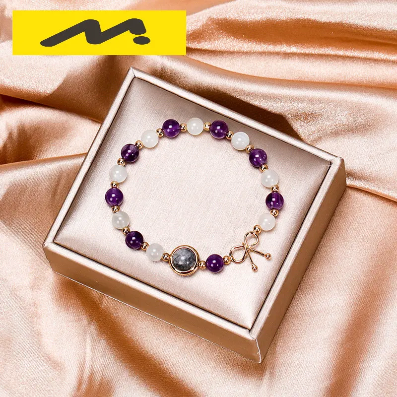 Fashion Bowknot White Moonstone/Purple Crystal/Black Quartz Rutilated Beads Gold Color Strand Bracelets for Women Female
Fashion Bowknot White Moonstone/Purple Crystal/Black Quartz Rutilated Beads Gold Color Strand Bracelets for Women Female
