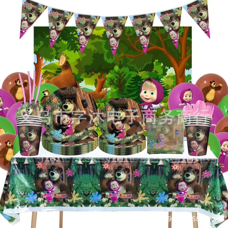 Набор столовых приборов masha and the bear на день рождения бумажные тарелки чашки