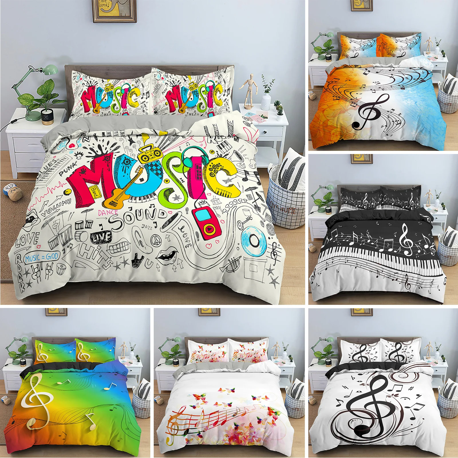 Music Note Print Bedding Set Psychedelic Duvet Cover Set & Pillowcase Quilt Cover EU Double King Size Adult Kids Bed Accessories
Music Note Print Bedding Set Psychedelic Duvet Cover Set & Pillowcase Quilt Cover EU Double King Size Adult Kids Bed Accessories
