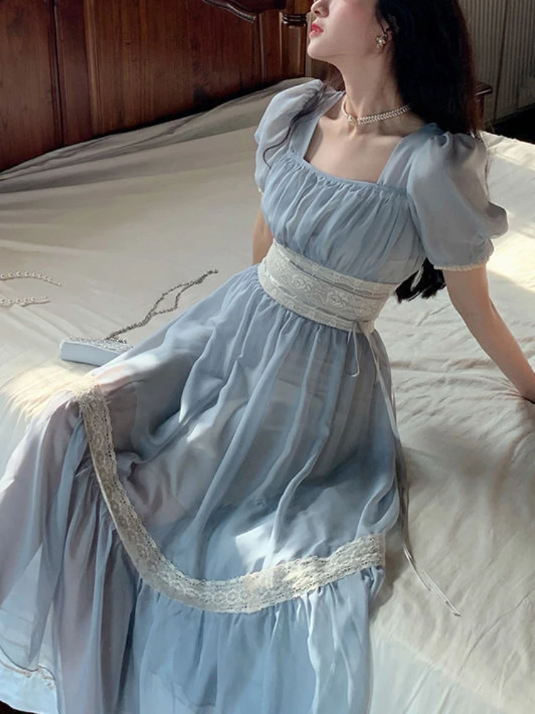 Summer Blue Elegant Dress Women Vintage Evening Party Midi Dresses Female Korean Fashion Holiday Short Sleeve Chiffon Dress 2022
Summer Blue Elegant Dress Women Vintage Evening Party Midi Dresses Female Korean Fashion Holiday Short Sleeve Chiffon Dress 2022