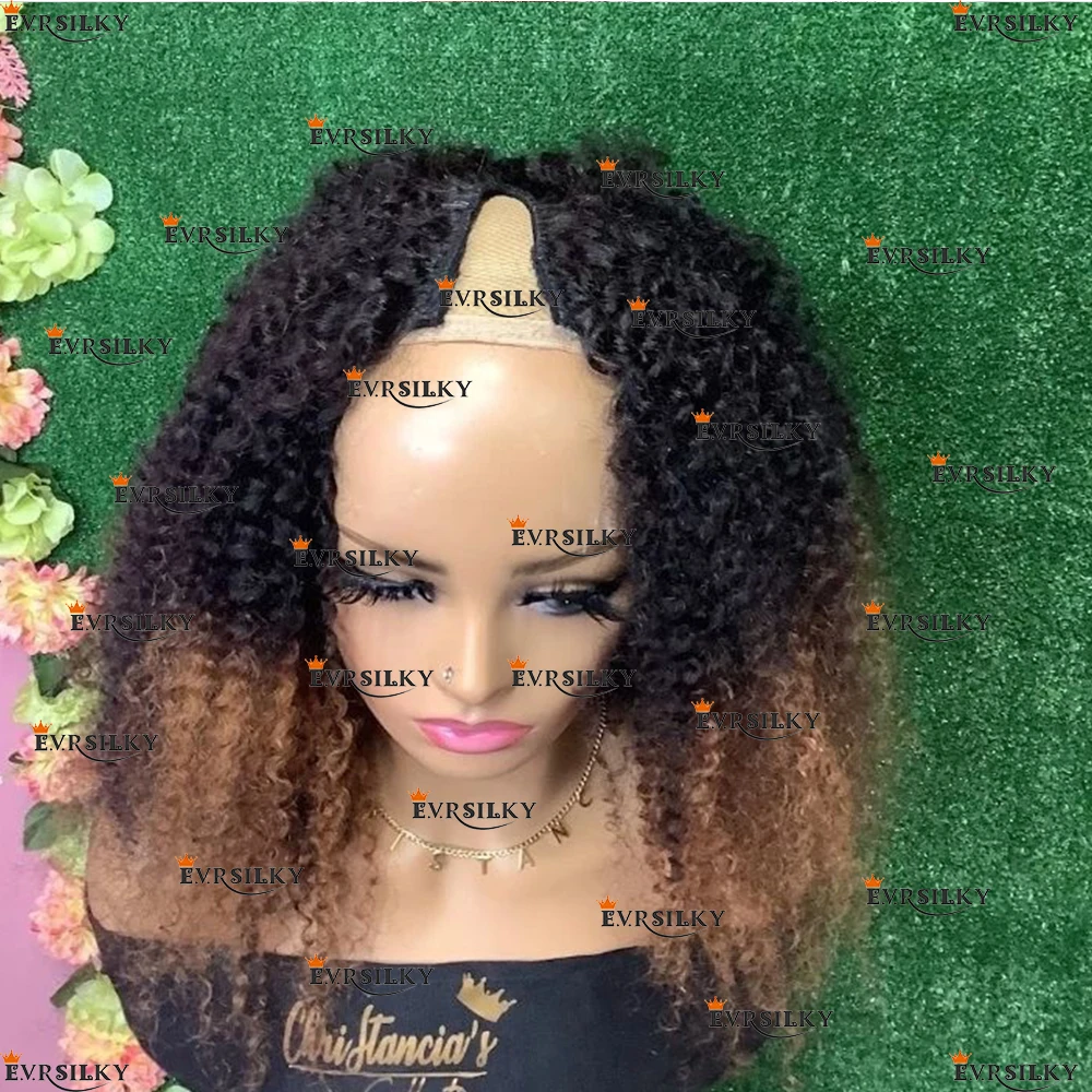 

Ombre Brown Afro Kinky Curly V Part Wigs Unprocessed 100% Human Hair Glueless Highlight Blonde Curl Side U Shape Full End 32''