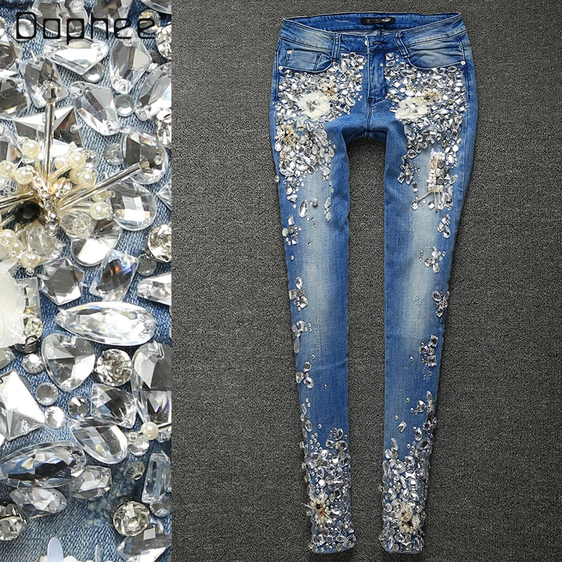 European 2022 Spring New Woman Slim Fit Jeans with Rhinestones Women's Elastic Cotton Denim Manual Beaded Skinny Pencil Pants
European 2022 Spring New Woman Slim Fit Jeans with Rhinestones Women's Elastic Cotton Denim Manual Beaded Skinny Pencil Pants