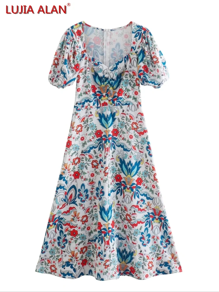 Women Flower Printing Square Collar Slim Midi Dress Summer Female Puff Sleeve Vestidos LUJIA ALAN D9501
Women Flower Printing Square Collar Slim Midi Dress Summer Female Puff Sleeve Vestidos LUJIA ALAN D9501
