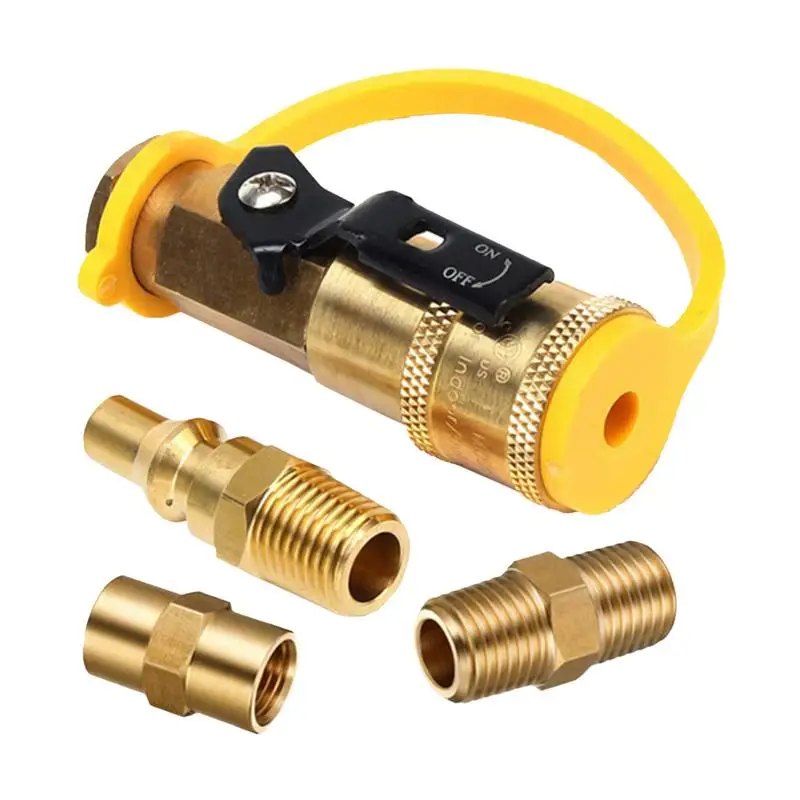 Solid Brass 1/4" Quick Connect Disconnect Kit Adapter Shutoff Valve & Full Flow Male Plug For RV Propane/Natural Gas Systems
Solid Brass 1/4" Quick Connect Disconnect Kit Adapter Shutoff Valve & Full Flow Male Plug For RV Propane/Natural Gas Systems
