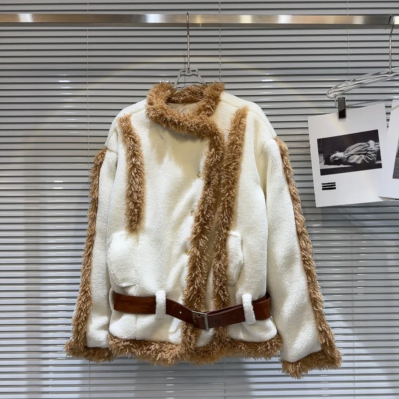 

PREPOMP 2023 зимняя новая коллекция из искусственной овечьей шерсти Мех лоскутный дизайн с поясом хлопковая подкладка короткая куртка Женское пальто GM278