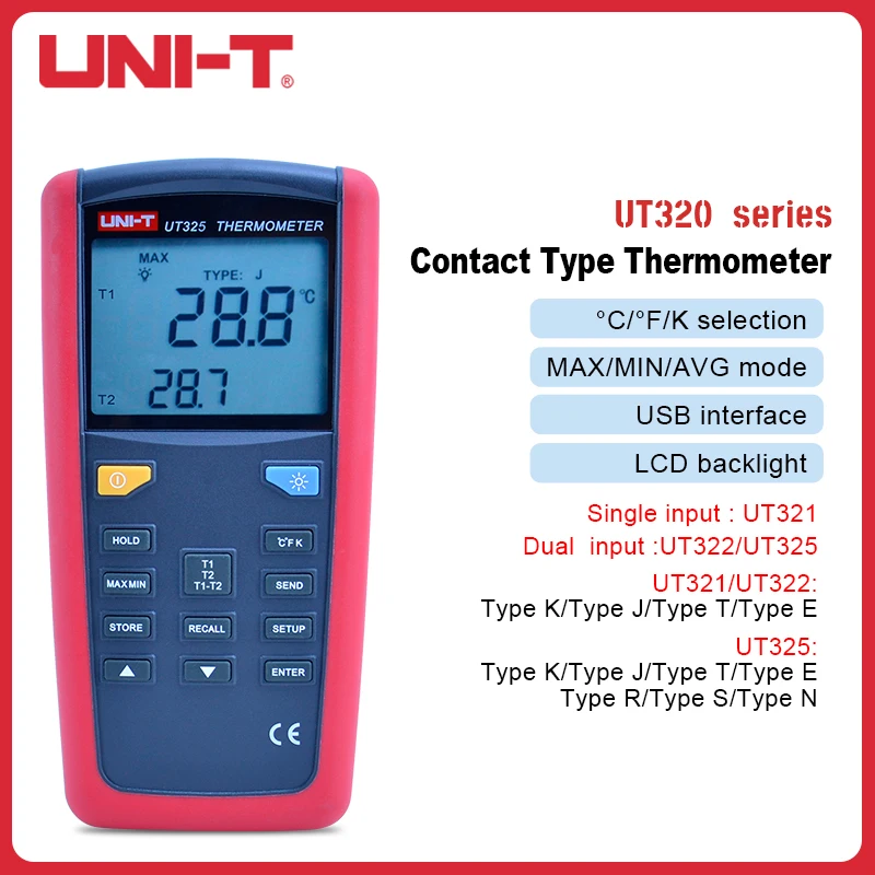 

UNI-T Thermometer Contact Type Pyrometer UT321 UT325 Temperature 1CH/2CH Data Logging Meter K/J/T/E/R/S/N
