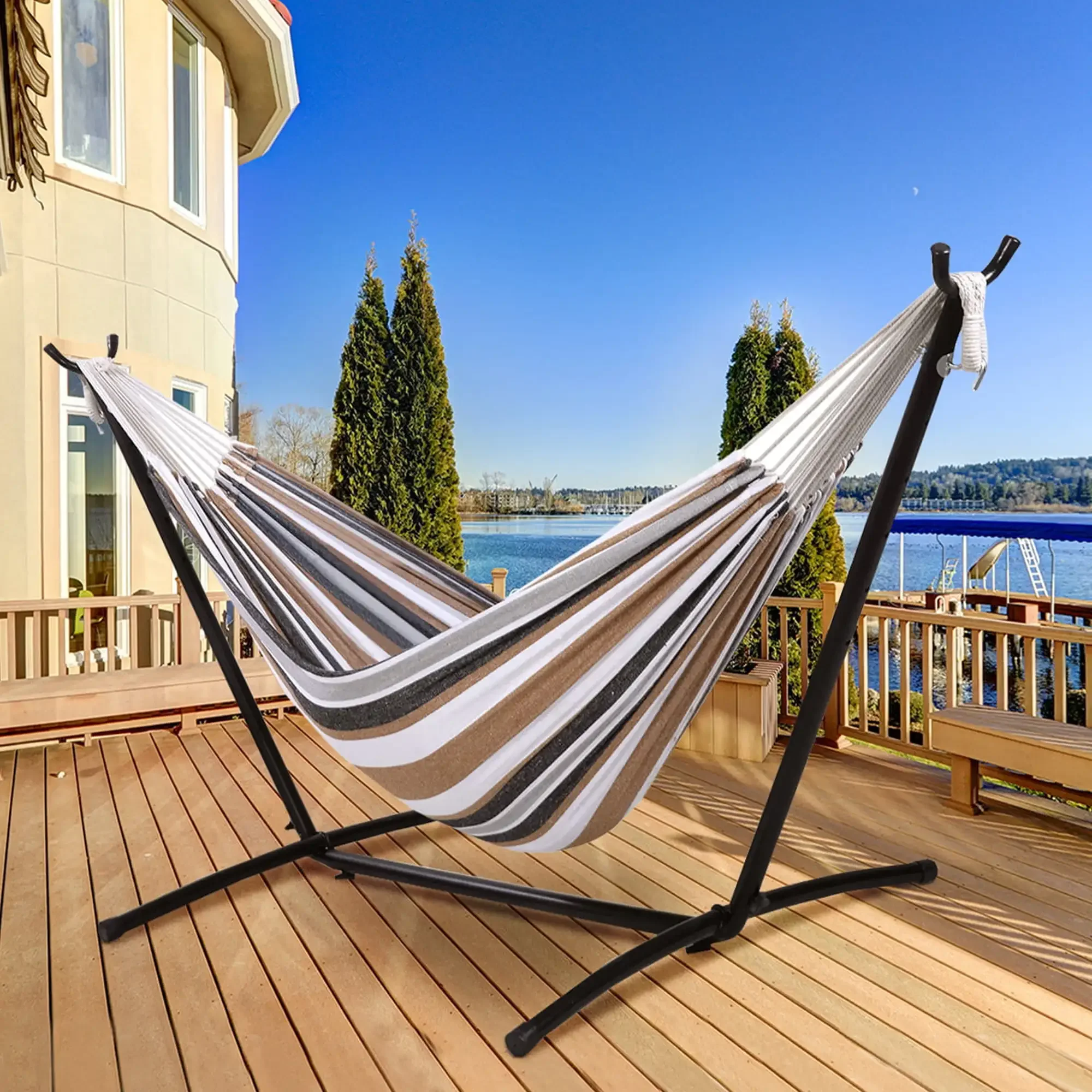 SUGIFT 2-Person Cotton Hammock with Space Saving Steel Stand Garden Yard Outdoor 450lb Capacity, Desert Stripes
SUGIFT 2-Person Cotton Hammock with Space Saving Steel Stand Garden Yard Outdoor 450lb Capacity, Desert Stripes